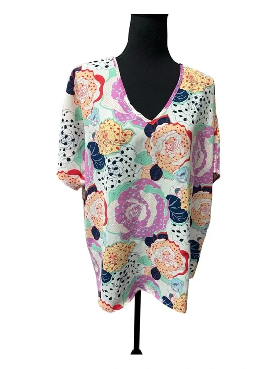 Entro Floral Blouse V Neck Boho Top Pink Blue Cream Large Spring Summer Chic - Picture 1 of 9